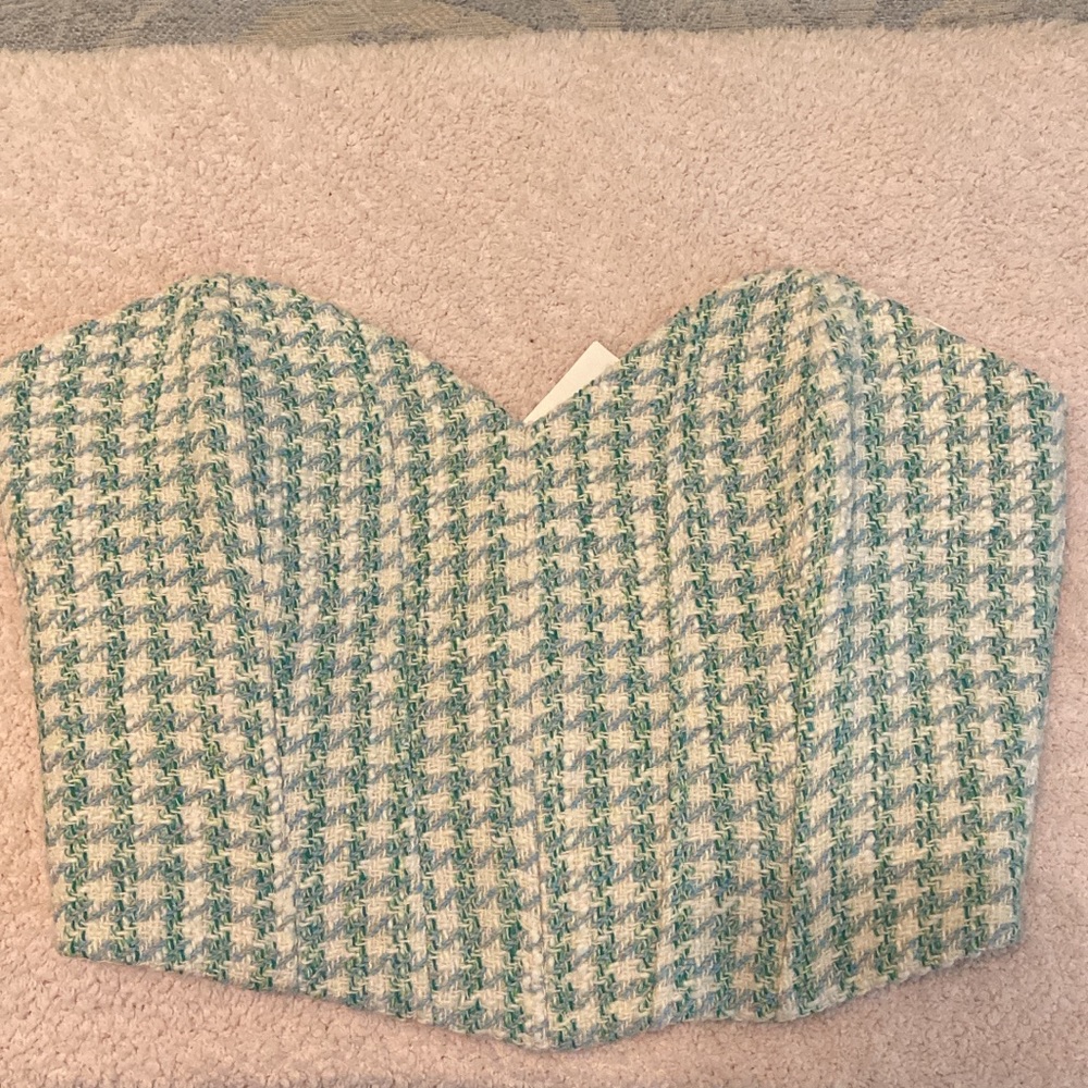 Zara Green and Cream Houndstooth Bustier Top